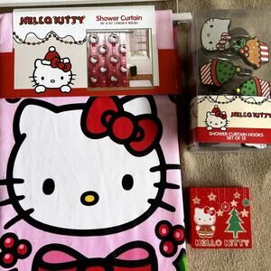 Hello Kitty Christmas Fabric Shower Curtain / Hooks Lot NWT